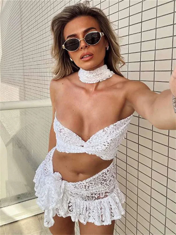 Tossy Summer Lace 2 PieceSet Skirt For Women Hollow Out Tube Tops And High Waist Sexy SeeThrough Sets Female Outfits 250515