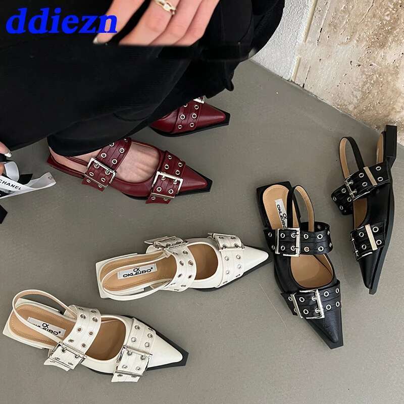 Women Flat With 2025 Designer Buckle Fashion Ladies Flats Shoes Slingback Pointed Toe Casual Female Sandals Mules