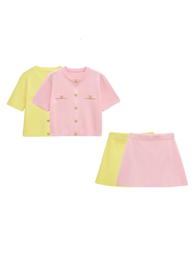 TRZA Womens Fashion Soft Buttoned Knit Cardigan Sweater with High Elastic Waist Skirt TwoPiece Set Female Casual Outfit 250515