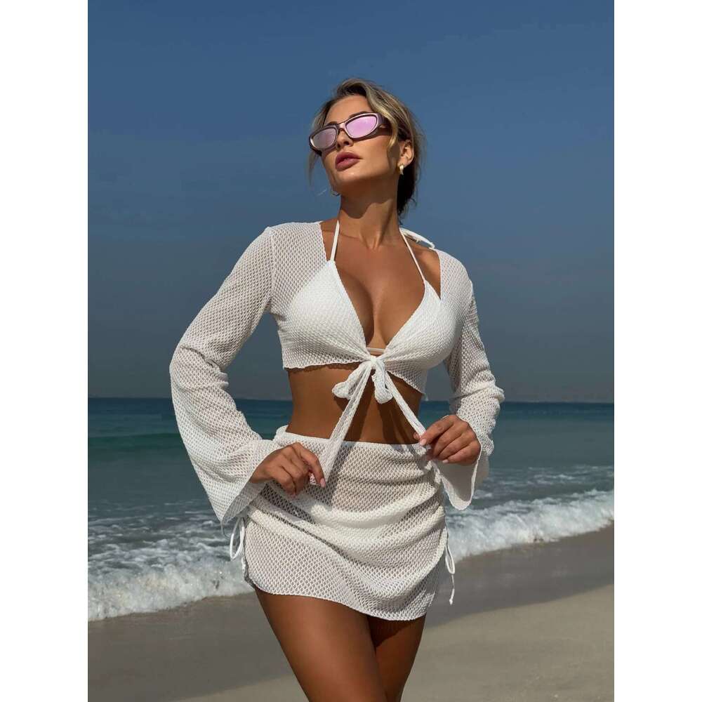 Summer Holiday 4 Piece Bikini Set 2025 Women Sexy White Long Sleeve Cover Up and Skirt Swimsuit Beach Bathing Suit Pool Swimwear