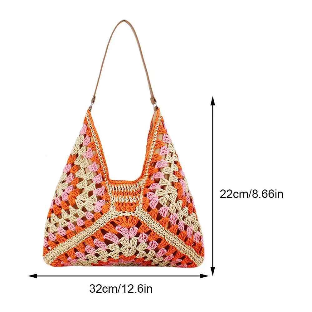 Women Summer Beach Large Capacity Crochet Hobo Bags Knitted Shoulder Bag Patchwork Hasp Closure For Outdoor Travel