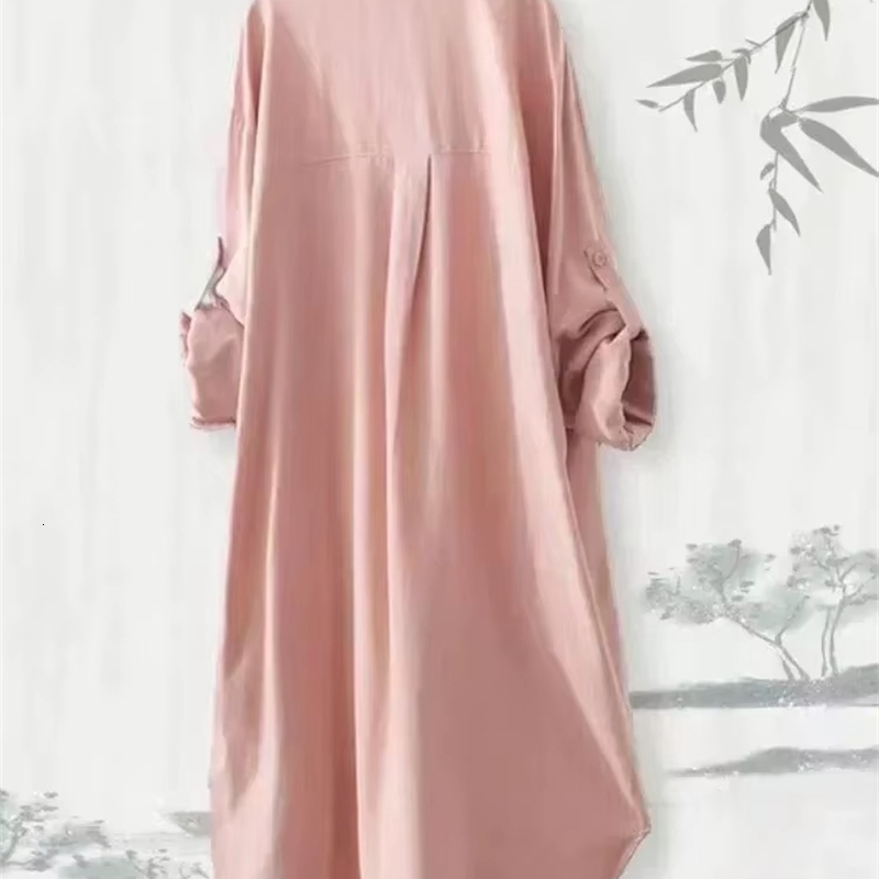 Large size loose and breathable Midi shirt Korean casual autumn womens simple solid long sleeved w250506