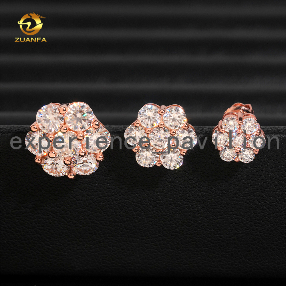 8mm 12mm 15mm Fashion Flower Earring Cluster Moissanite Diamond 925 Sterling Silver Iced Out Moissanite Screw Back Earrings