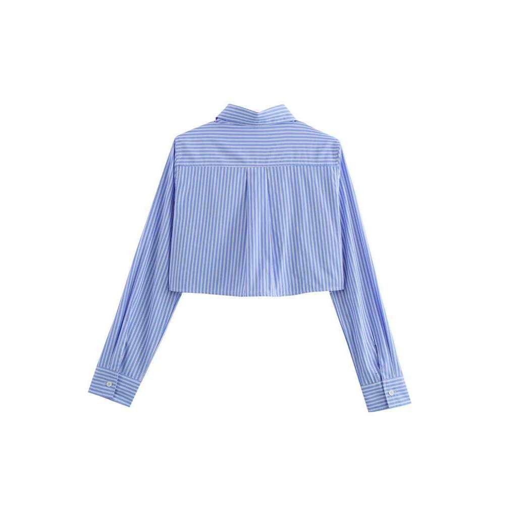 Zevity Women Fashion Long Sleeve Patchwork Striped Print Short Smock Blouse Female Chic Business Shirt Blusas Crop Tops Ls7361
