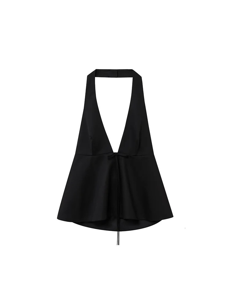 TFMLN Casual Women Halterneck Top Elegant Vneck Sleeveless Summer Bow Tank Formal Side Zipper Streetwear Chic Vest Tops 250515