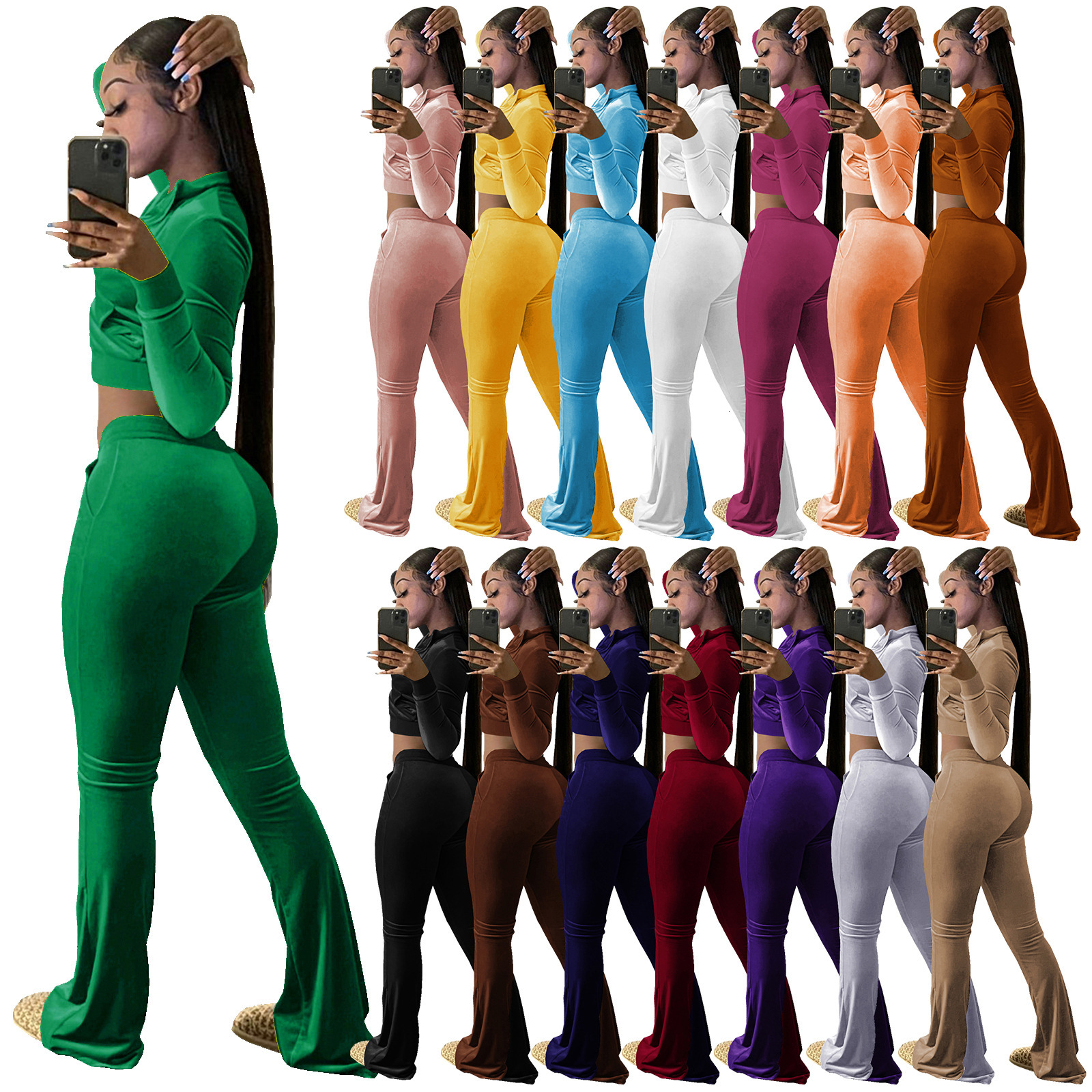 Hr8191 fashion womens quality solid color open navel flared pants set