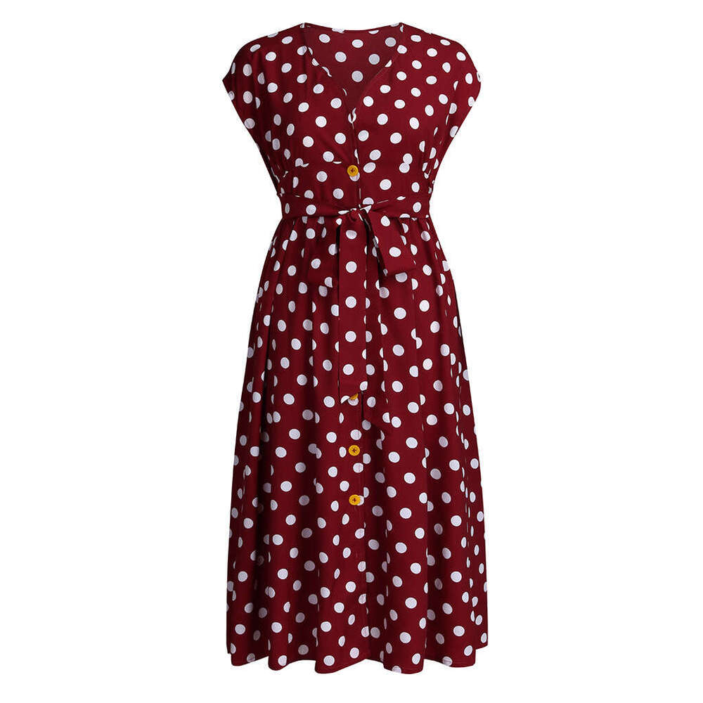 Plus Size Whitedress Vestido De Mujer Women Dresses Womens Dresses New Womens Oversized Polka Dot Dress with Button Up Strap and Waist Cinching V-neck