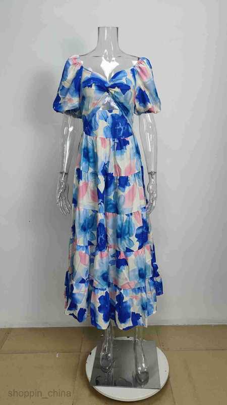 Women Dresses Spring/Summer New Slimming Printed Bubble Sleeve Large Swing Dress for Women