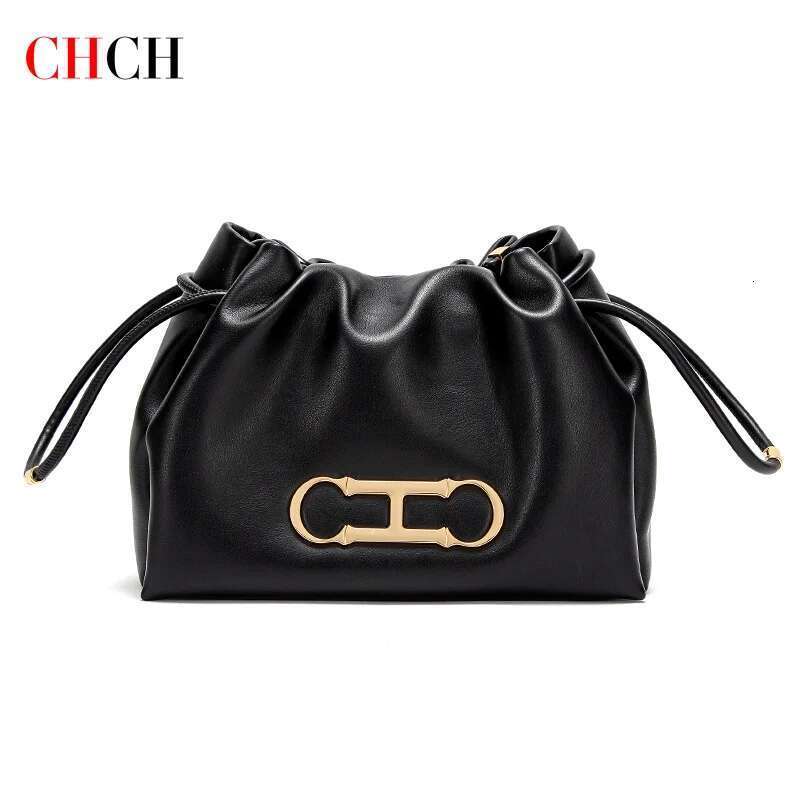 CHCH Women's Shoulder 2024 New Simple Commuter Black Drawstring Cloud Bag Wallet