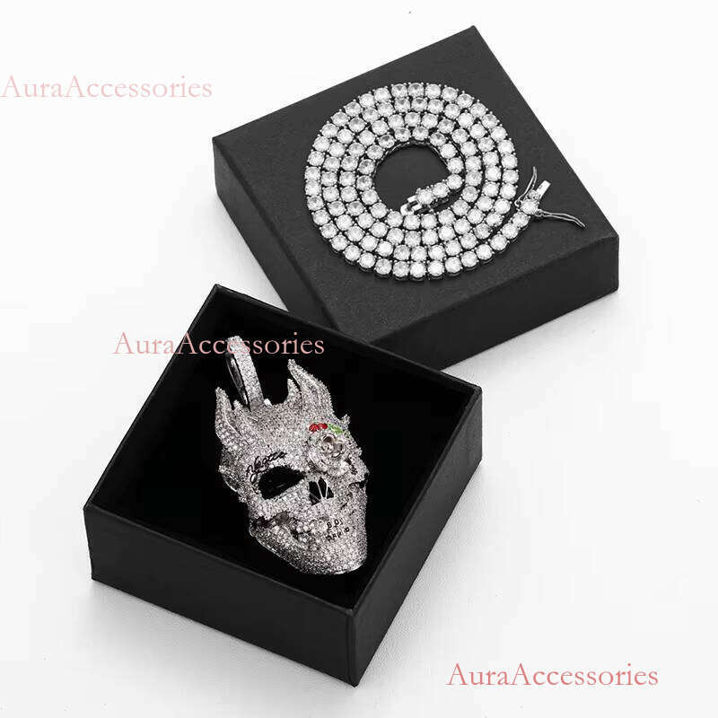 Bling Hip Hop Jewelry White Gold Plated Brass AAAAA CZ Dia Skull Head Necklace Mens Iced Out Pendant