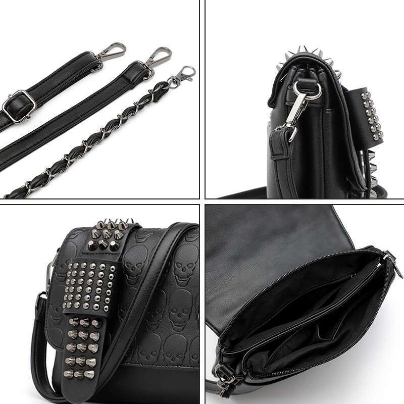 JIETOTYX Women Leather Messenger Single Skull Rivet Shoulder Bags Sac A Main Bolsa Black Vintage Sexy Bag Lady Drop