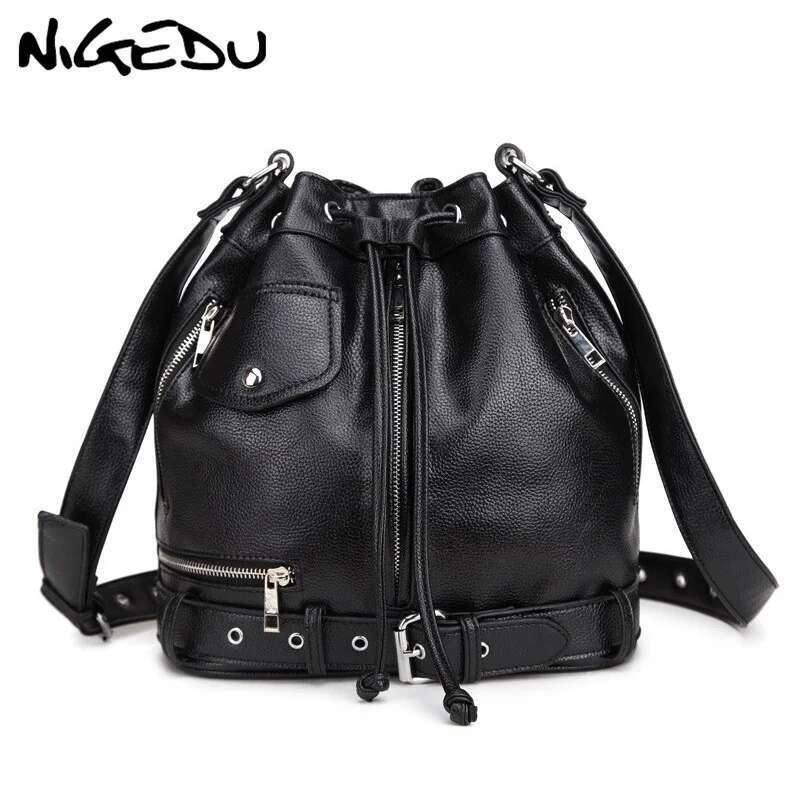 NIGEDU Rock Style Women Shoulder Bag Punk Rivet Messenger Bags PU Leather Handbags Female Designer Motorcycle Bucket Totes Black