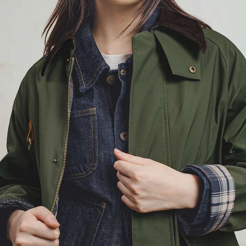 Maden Retro Women's Corduroy Patchwork Jacket Green Casual Lapel Spey Hunting Jackets For Spring With Zippered Front Outerwear
