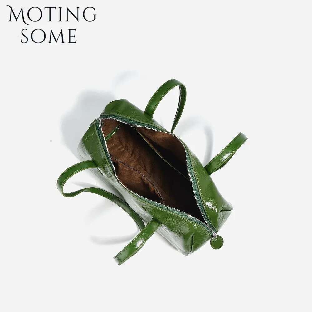 Motingsome Green Bags Retro Women Bag Oil Wax Cowhide Leather Handbag Vintage Boston Pillow Lady Daily Purses 2024
