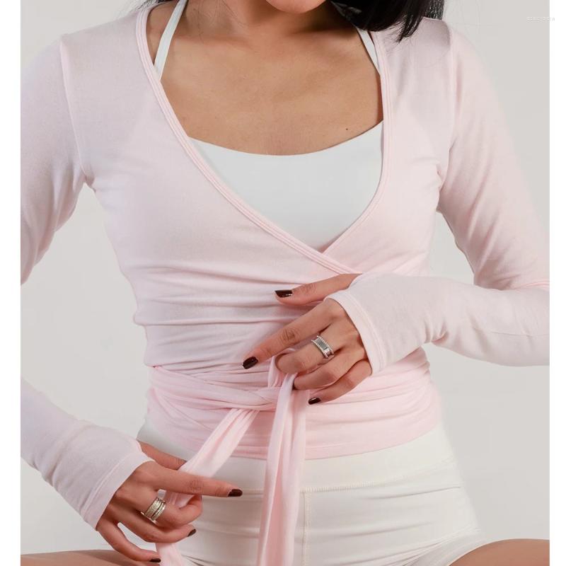 Women&#039;s T Shirts Women Solid Yoga Long Sleeve Ballet Crop Tops Sexy V-neck Cross Wrap Tie Slim Fits Casual Workout T-Shirts Cropped