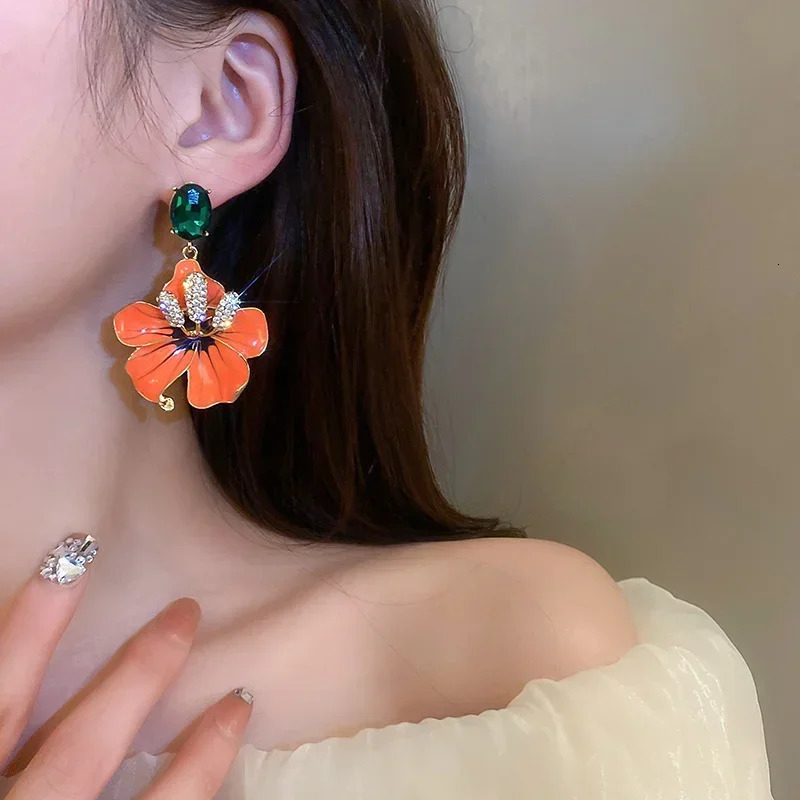 Korean style Orange Enamel Flowers Drop Earrings for Women Girls Green Crystal Dangle Earrings Party Jewelry 250515