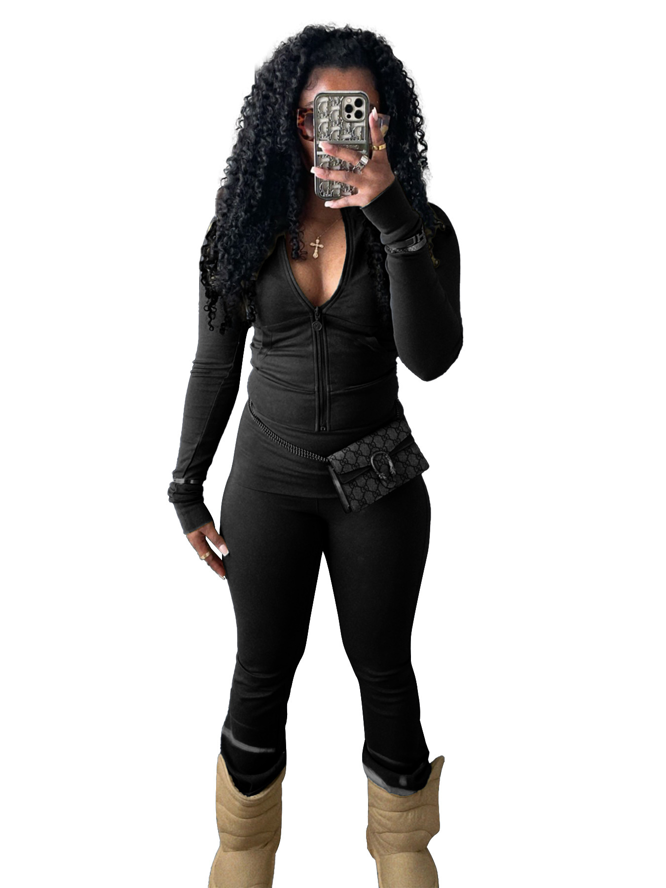 HR24066 Womens Sports and Leisure Tight Zipper Low Waist Folding Micro Horn and Velvet Set