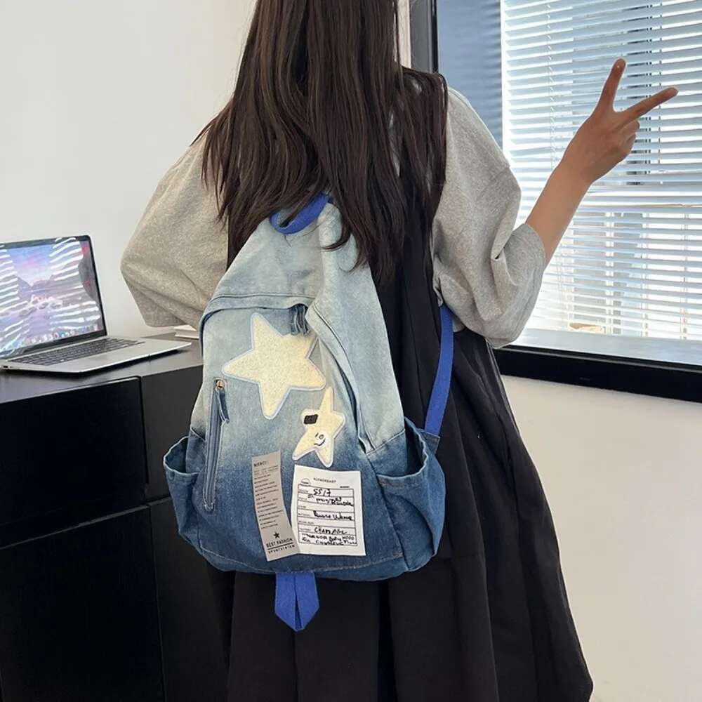 New Original Denim Star Backpack Versatile Travel For High School Students Double Shoulder Bag Vintage Feeling