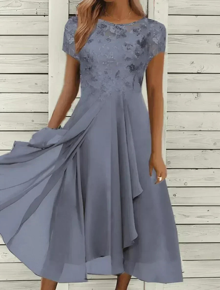 2025 Womens Lace Dress for Party Elegant Bride Wedding Dress Plus Size Jewel Neck Knee Length Chiffon Lace Long Party Dress 250514