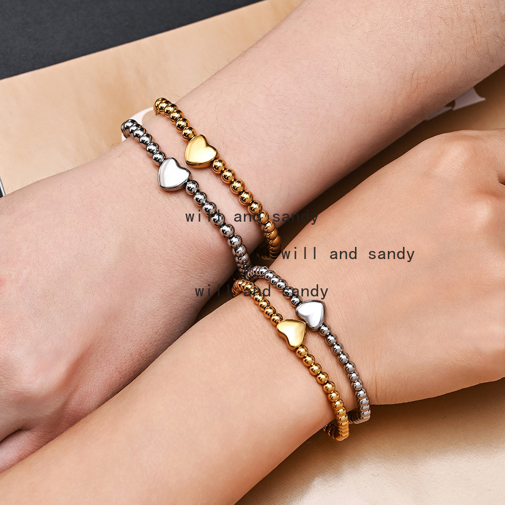 Non Tarnish Stainless Steel Beads Love Heart Charm Bracelet 18k Gold Plated Elastic Strand Bracelets Wristband Cuff for Woman Man Gift Fashion Designe