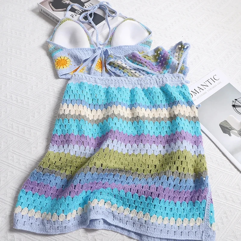 Woman With Headscarf Colorful Knitting Small Suspender For Slimming Effect Split Skirt Three Piece Set Seaside Vacation Style 250515