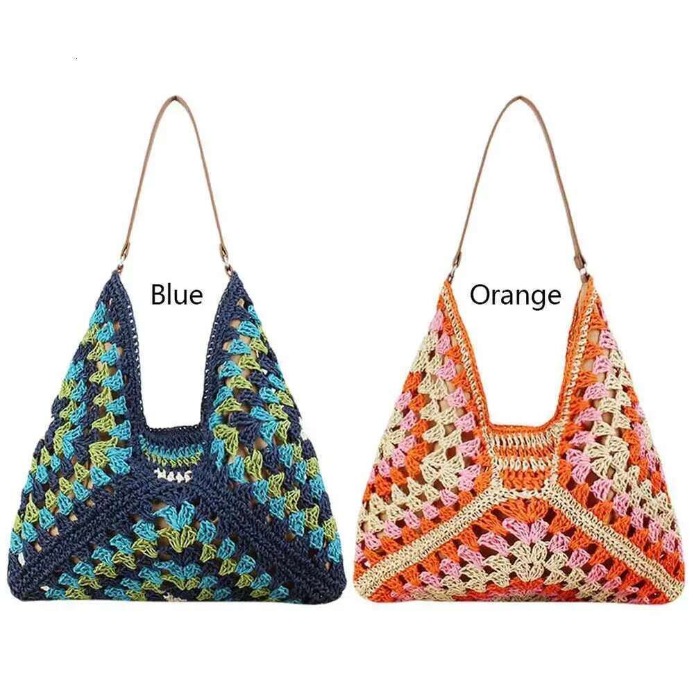 Women Handmade Woven Large Capacity Crochet Hobo Bags Stylish Granny Bag Patchwork Hasp Closure For Outdoor Travel