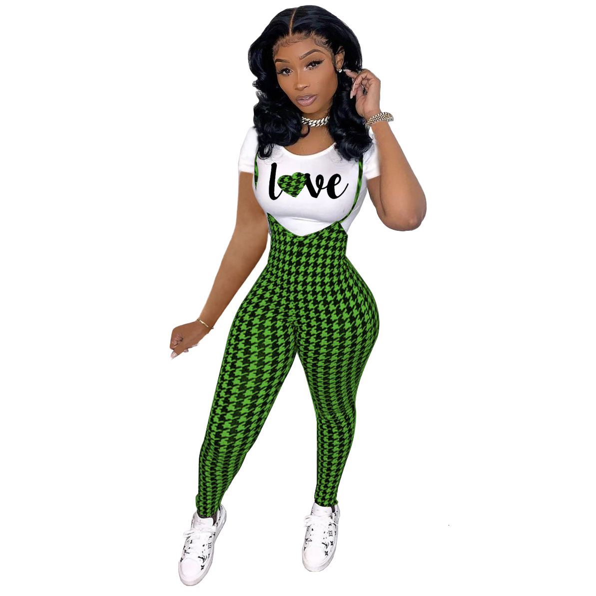 D9828 Womens fashion pattern printed short sleeved T-shirt+suspender jumpsuit