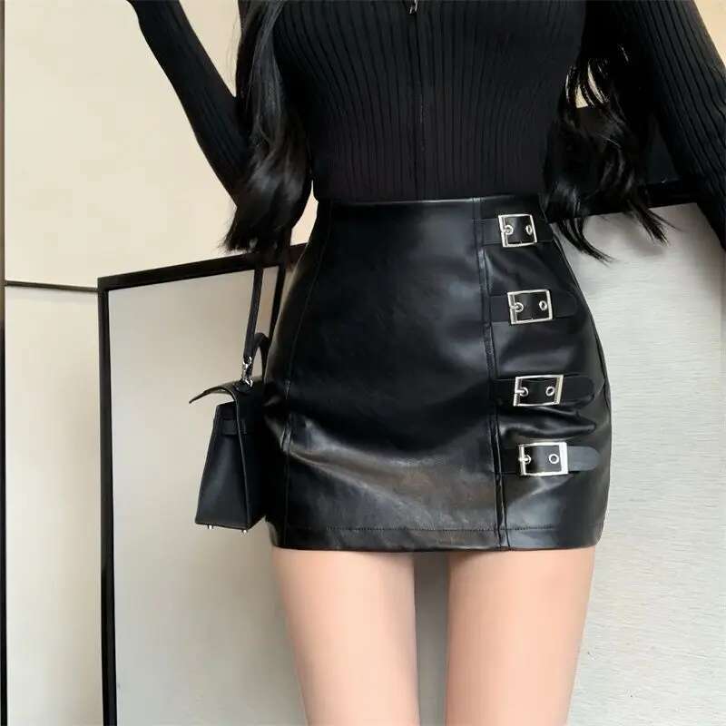 Black Mini Pu Leather Skirt Women Korean Fashion High-Waisted Elasticity Punk Style Bodycon Goth Sexy Skirts Female