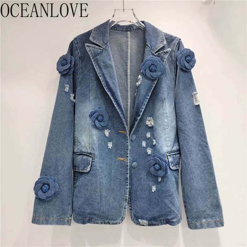 OCEANLOVE 3D Flowers Denim Jackets Women Spring Autumn Vintage Loose Jaqueta Feminina Single Breasted Chaquetas Mujer