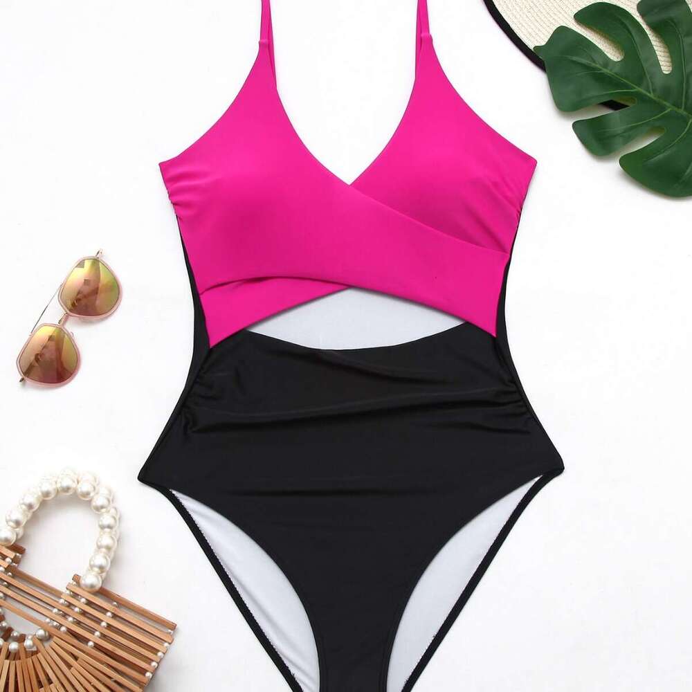 New one-piece European and American swimsuit sexy hollow high waist color blocked cross suspender bikini manufacturer 2025 temperament versatile new t