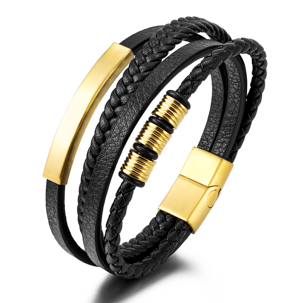 Titanium Steel Braided Men's Bracelet with Magnetic Clasp, Multi-Layer Leather and Stainless Steel Cross - Wholesale