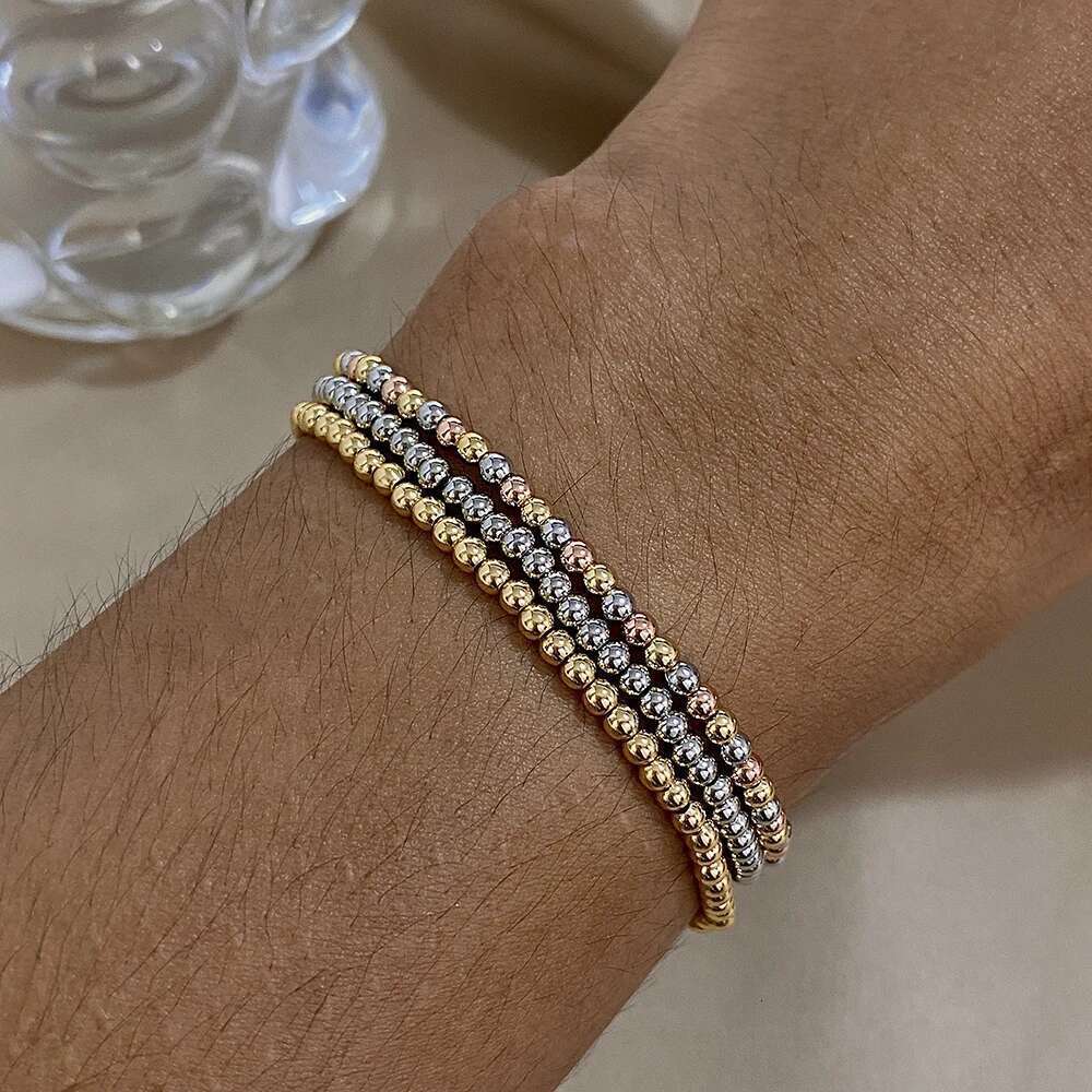 Greatera 3/4Mm Stainless Steel Beads Elastic Bracelets For Women Gold Plated Tricolor Beaded Chain Bracelet Waterproof Jewelry