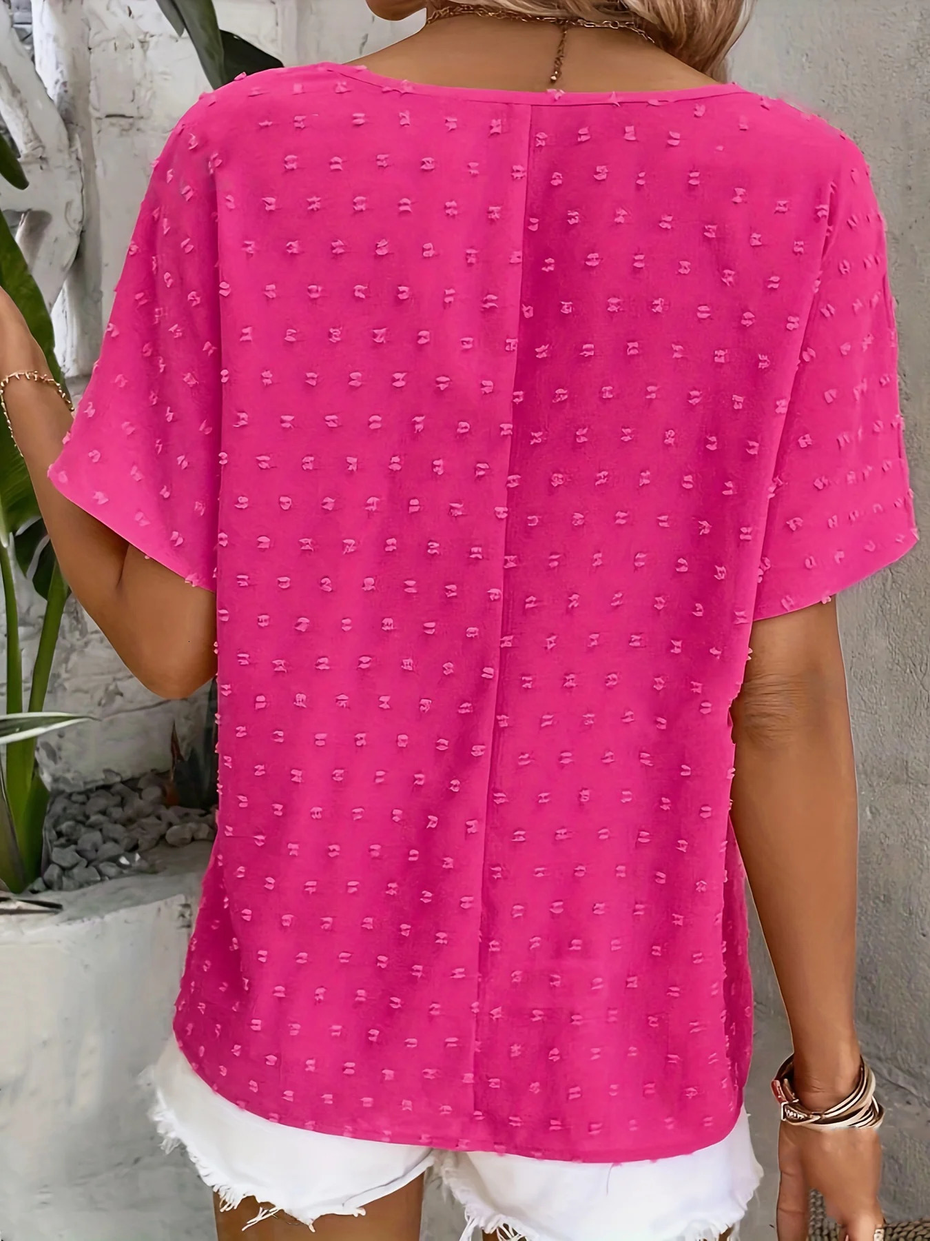 Womens Casual Swiss Dot Ruffle Sleeve Keyhole Back Blouse Breathable SemiSheer Round Neck Top Machine Washable Spring Sum 250515