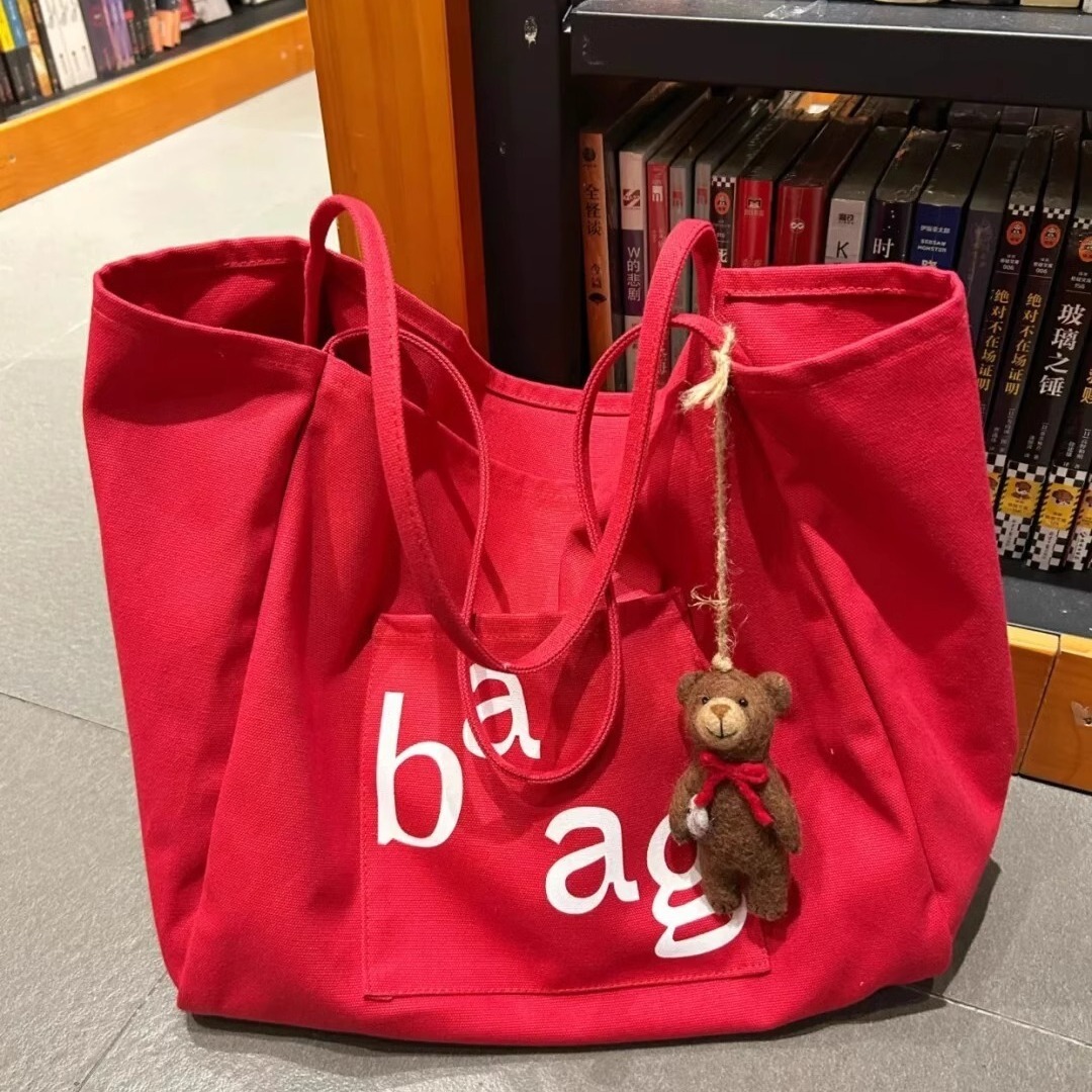 2024 New Ins Large Capacity Shoulder Canvas Women's Tote Shopping Letter Printed Bag
