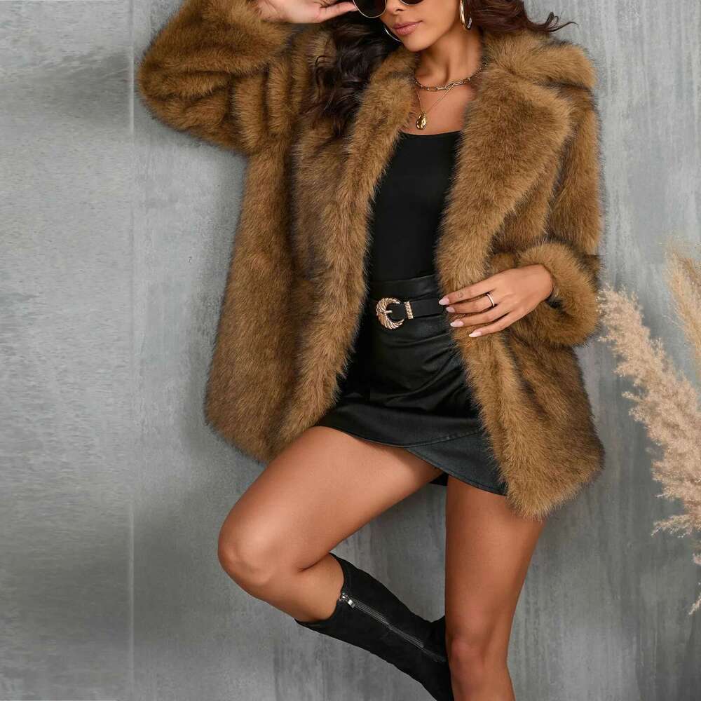High Street Women's Fashion Slim Medium Long Turn-Down Collar Jacket Winter Faux Fur Office Lady Coat Women