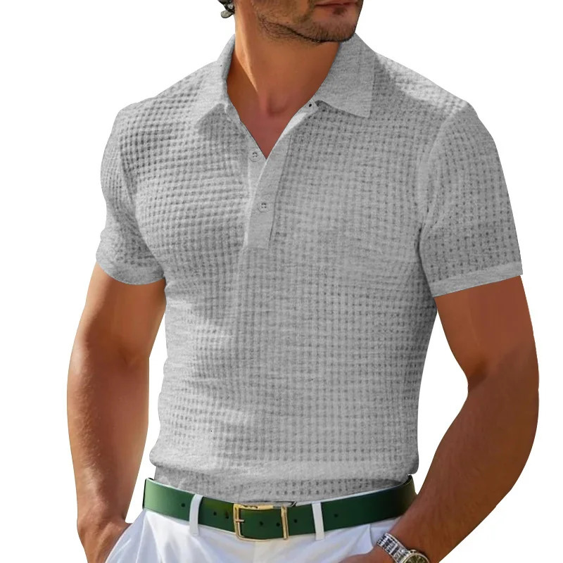 Mens Summer Style European and American Fashion Classic Comfortable Breathable Waffle Solid Color Top T-shirt Polo Shirt 250515