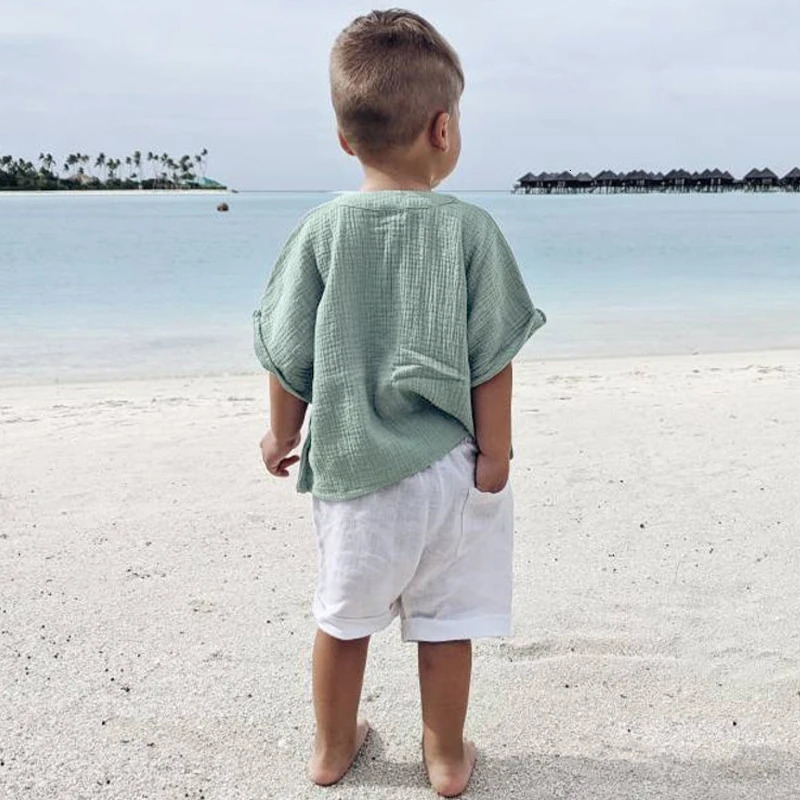 100% Cotton Muslin Boys T-shirt Summer Childrens Casual Loose Short-Sleeve Pocket Tops TZ057 250515