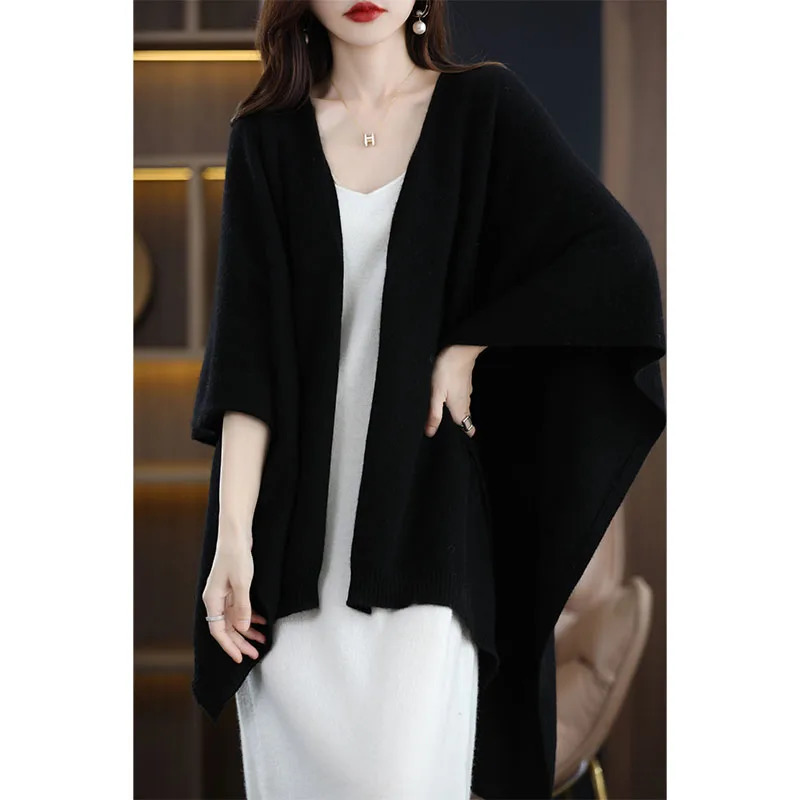 International style oversized shawl for women 100% pure wool cardigan cape loose knitted scarf spring autumn warm windproof cape 250514