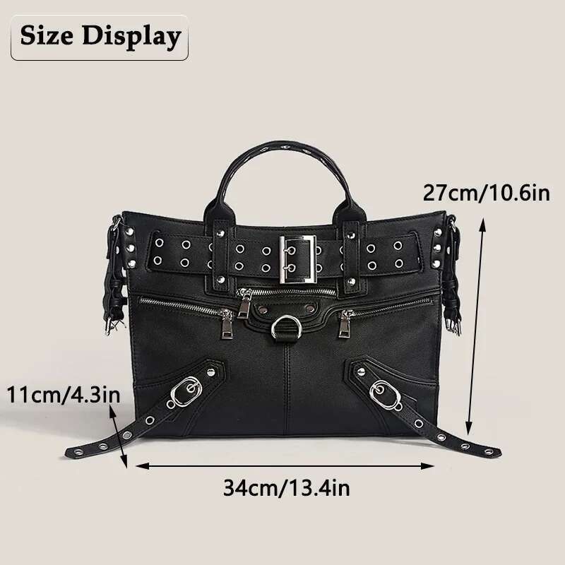 JIOMAY Women Black Goth 2024 Fashion Woman Ladies Moto And Biker Style Shoulder Rivet Belt Large Capacity Tote Bag