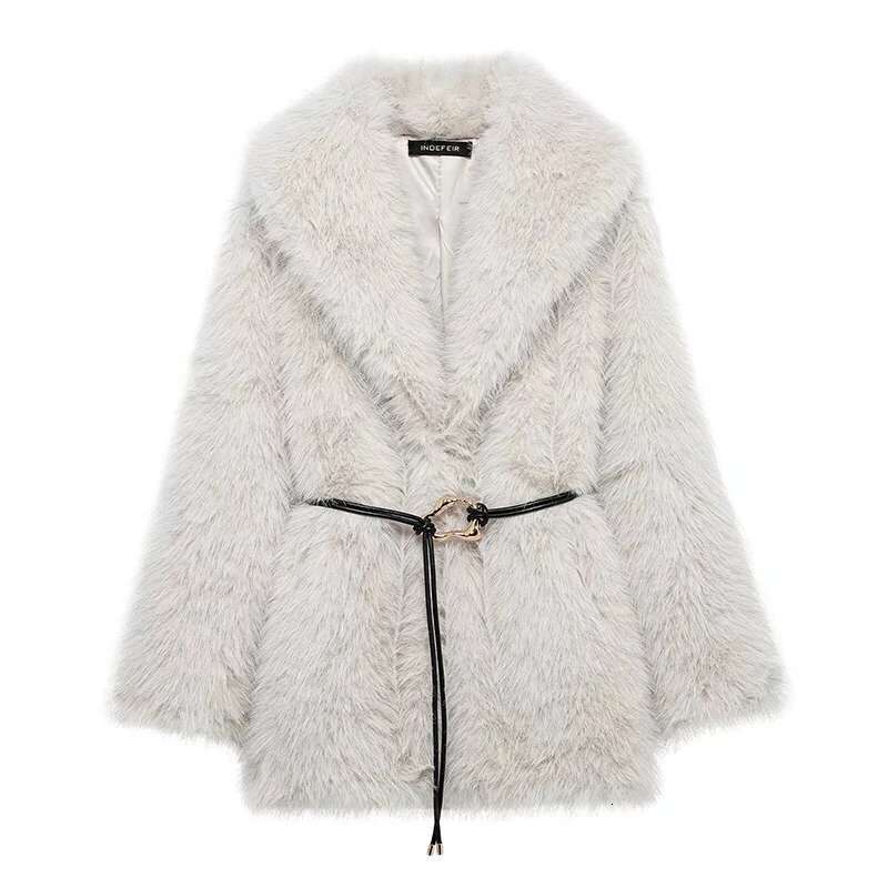 Fluffy Faux Fur Coat With Belt For Women Warm Elegant Loose Long Sleeve Jacket Female Thick Lady High Street Outerwear