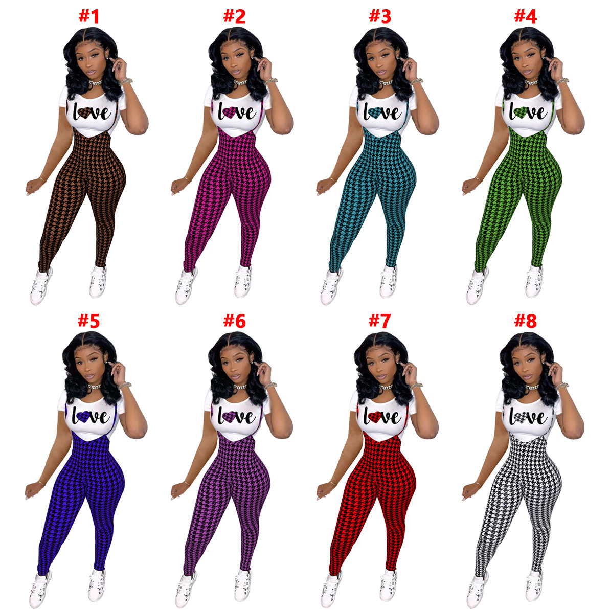 D9828 Womens fashion pattern printed short sleeved T-shirt+suspender jumpsuit