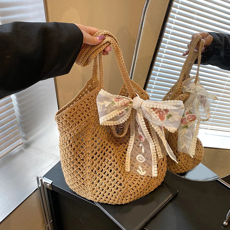 Solid Crochet Tote Handbag Summer Beach Bag Fashion Womens Mesh Woven Shoulder Bags Large Capacity Knitting Underarm Bag 250515