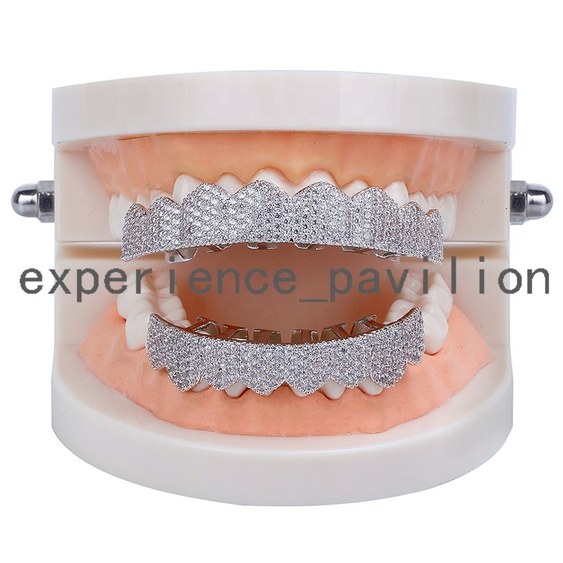 Mens Gold Hiphop Bling Micro Pave Teeth Grillz Set moissanite Diamond Iced Out Dental Grills