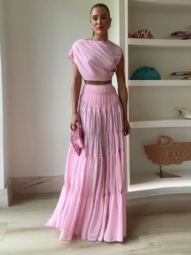 Women Two Piece Set Solid Beach Oblique Shoulder Skirt Strapless Crop Top Ruffles Suit Summer Female Outfits 250515