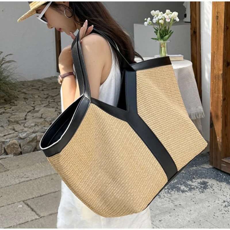 Brand Designer New Y-shaped Straw Tote Large Capacity Shopping Beach Shoulder Underarm Woven Women's Bag