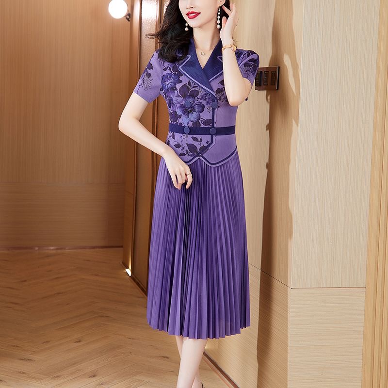 Large size women's dress 2025 summer new style suit collar high-end temperament waist slimming medium and long skirt D02359