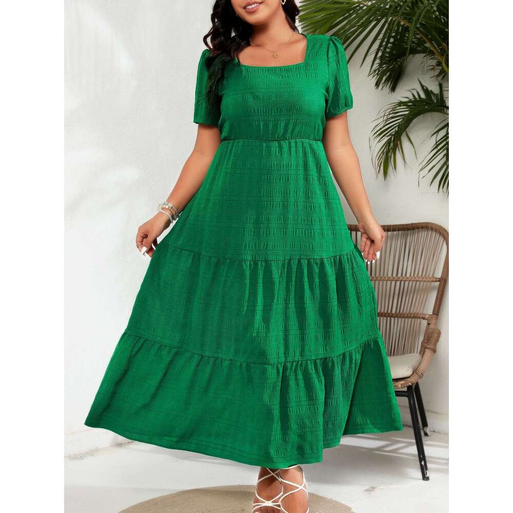 Plus Size Women Dresses Summer Dresses Maxi Dress Robe Vestidos Summer Dresses for Women Womens Bubble Sleeves Square Neck Back Pleated Short Sleeve P