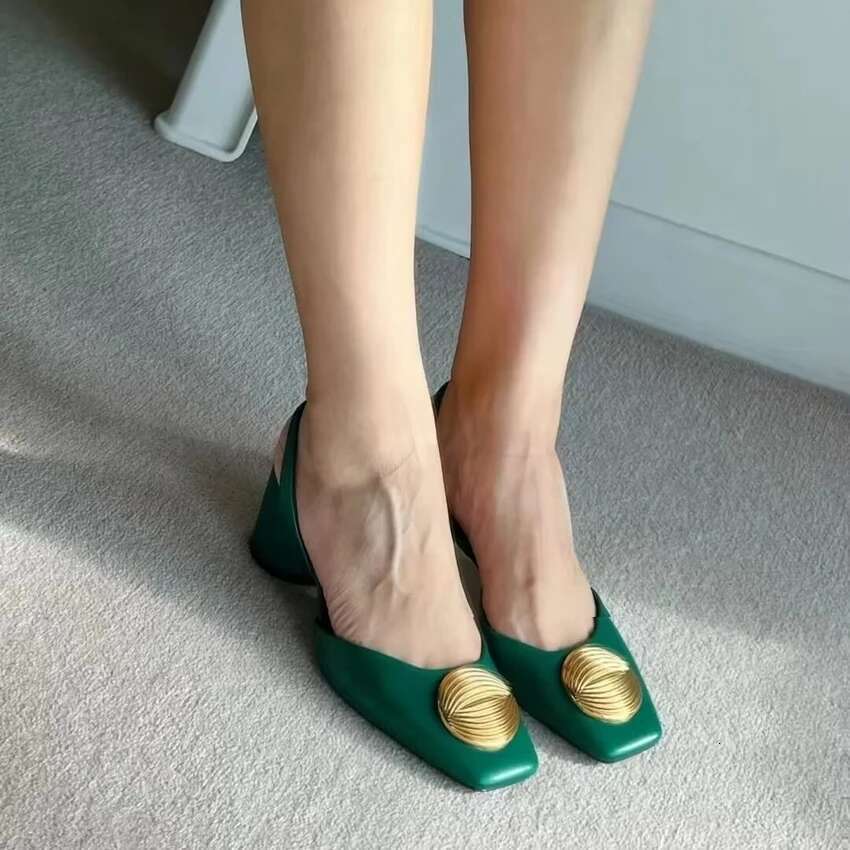 Green High For Women 2024 Fashion Squared Toe Leather Slingbacks Pumps Elegant Lady Heeled Shoes Autumn Heels