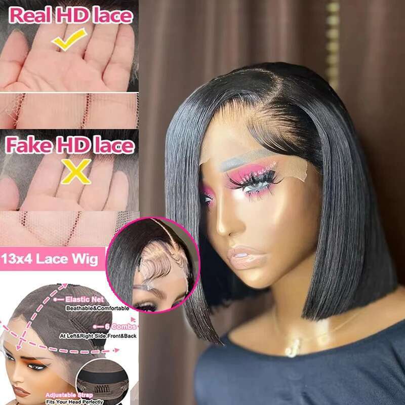 BOB Human Straight 200% Density 13x4 HD Transparent Frontal Wigs Bob Hair Lace Front Wig For Women