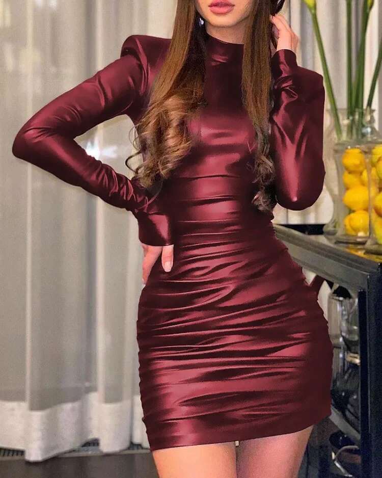 PU Leather Nightclub Sexy Half High Collar For Women Long Sleeve Bodycon Dress Slim-Fit Hip-Hing Party Vestidos